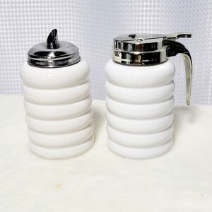Vintage White Glazed Ribbed Ceramic Sugar & Syrup Dispenser Set
